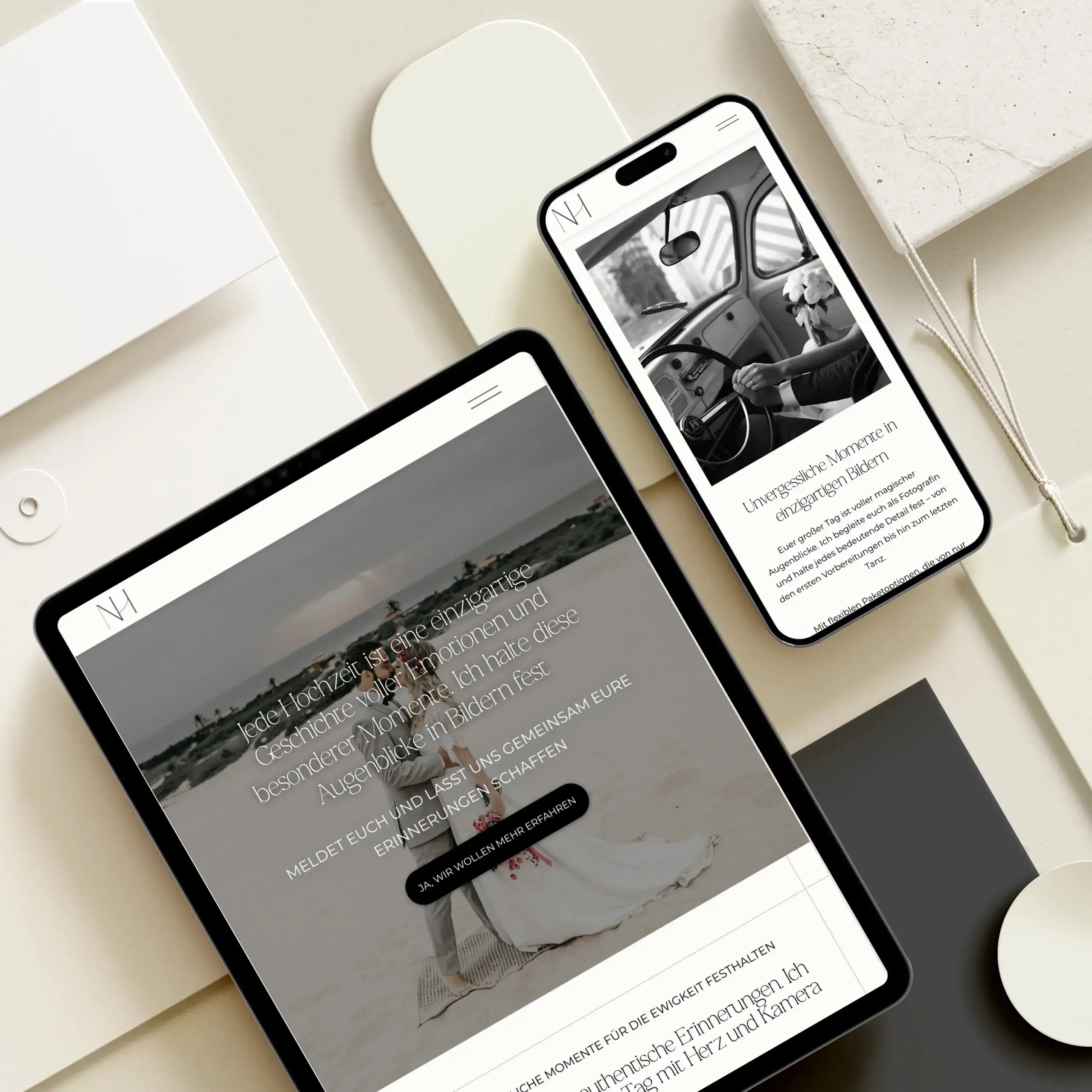Website Relaunch Inspiration: Hochzeitsfotografie-Website Mockup in Kombinationsfarben des Brandings